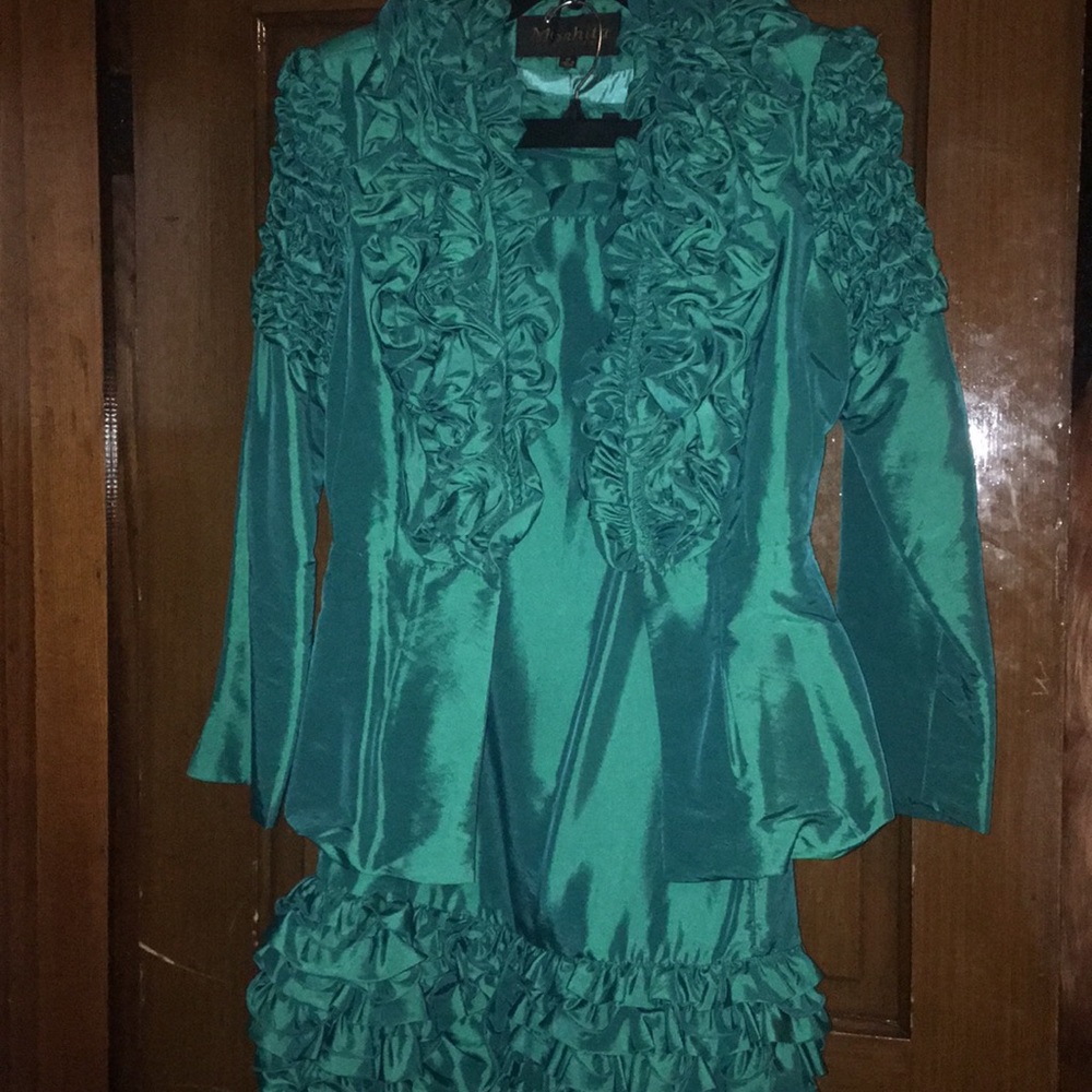 3 Piece Ruffled Teal Skirt Suit